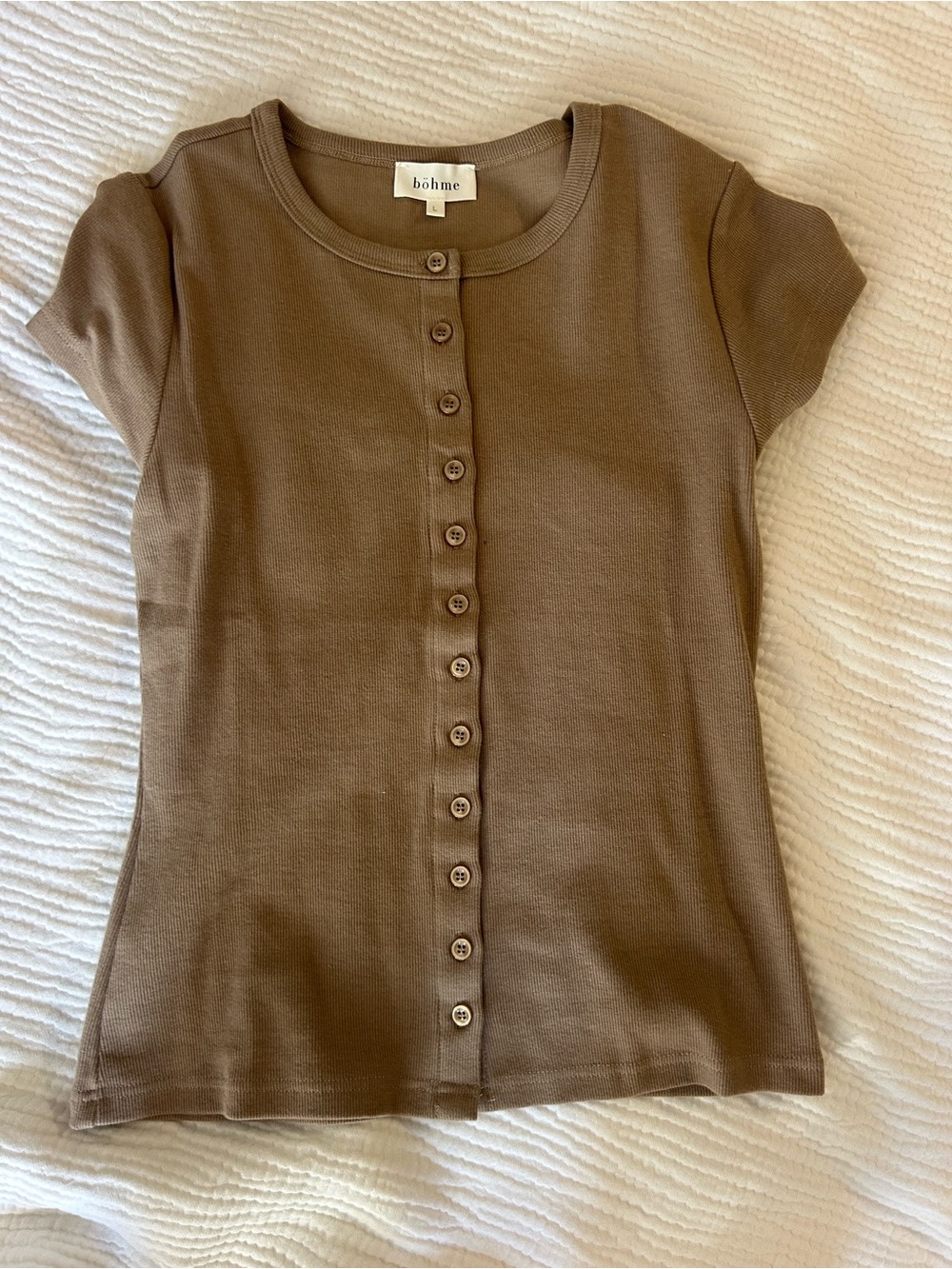 bohme Brown Button-Front Short Sleeve Knit Top
